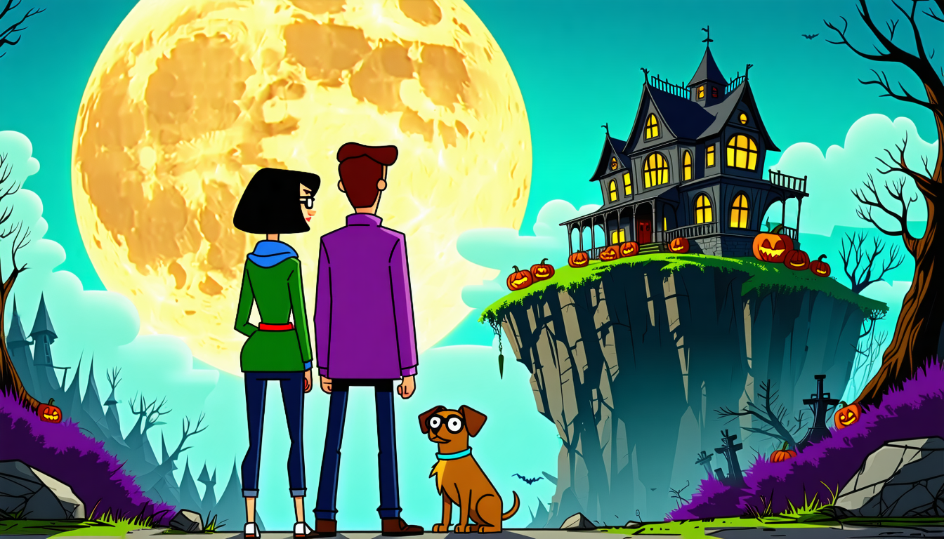 Vera, Leo y Pipo frente a una mansión misteriosa iluminada por la luna de Halloween